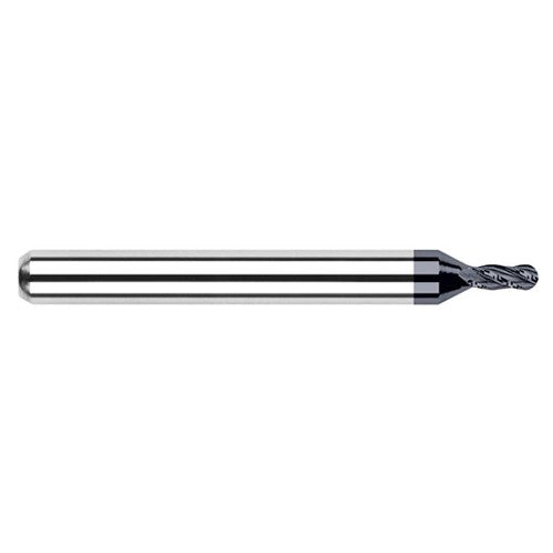 ‎0.01″ Dia. × 1/8″ Shank × 1/64″ DOC × 1-1/2″ OAL, Carbide AlTiN, Stub|Standard , 2 Flute, Ballnose End Mill - Exact Industrial Supply