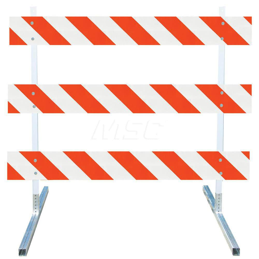 Traffic Barricades; Type: Type III; Barricade Height (Inch): 63; Material: Plastic Board; Polymer Plastic Upright; Galvanized High Carbon Steel Feet; Barricade Width (Inch): 48; Reflective: Yes; Compliance: MASH Compliant; MUTCD; Weight (Lb.): 19.0000; To