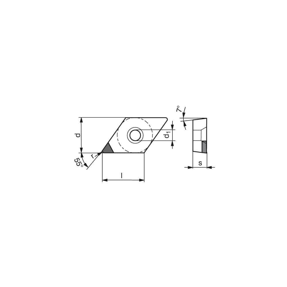 Turning Insert:  DCGW3252TN012DA3,  Polycrystalline Cubic Boron Nitride Uncoated Finish,  Neutral,  0.0315″ Corner Radius,  55.0 &deg N/A Diamond,  Series  DCGW