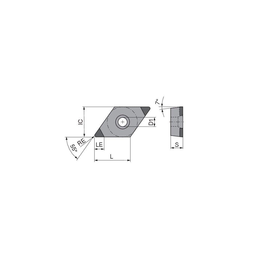 Turning Insert:  DCGW3252SN014DB3,  Polycrystalline Cubic Boron Nitride Uncoated Finish,  Neutral,  0.0315″ Corner Radius,  55.0 &deg N/A Diamond,  Series  DCGW