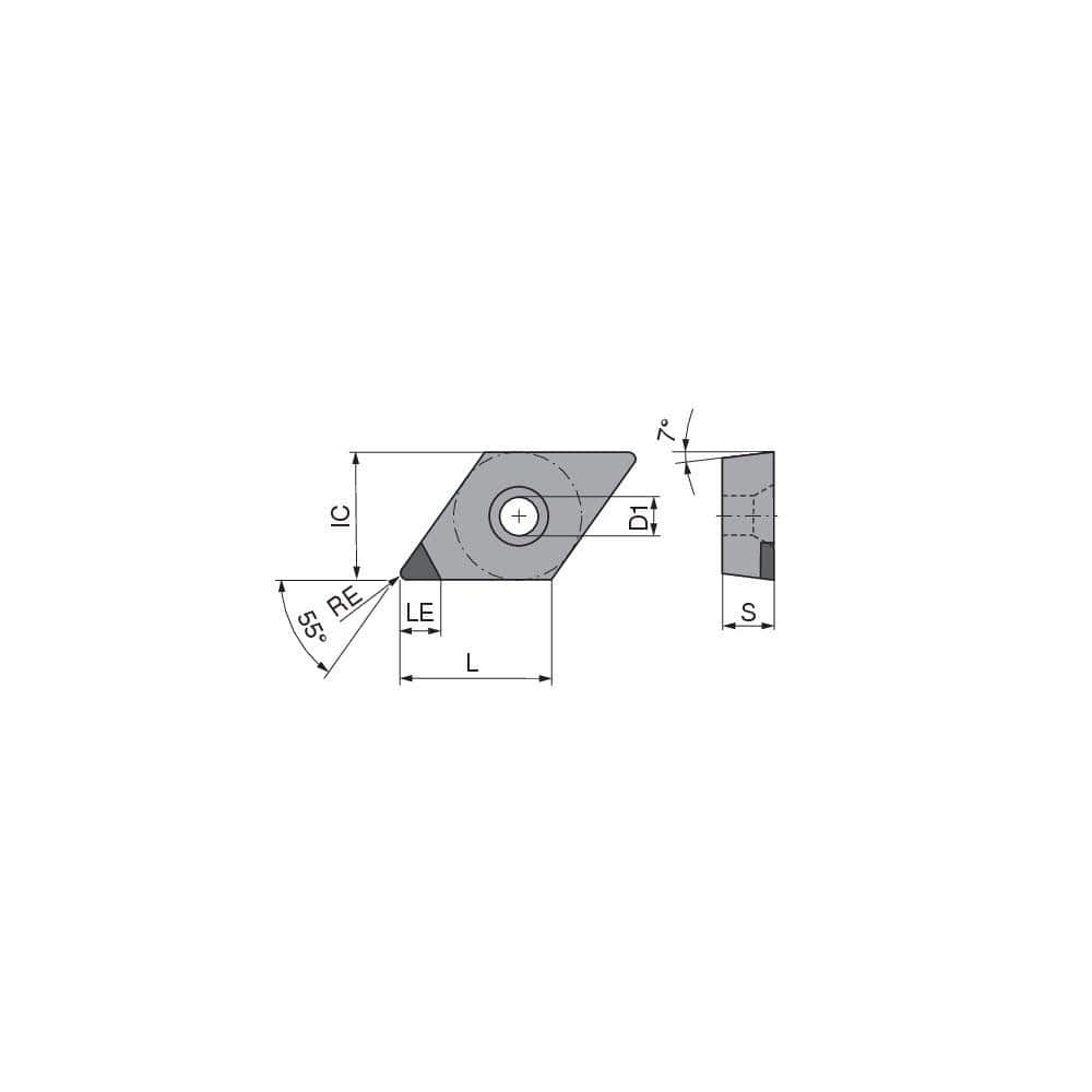 Turning Insert:  DCGW32.5.5FNA4 CTBS20U,  Polycrystalline Cubic Boron Nitride Uncoated Finish,  Neutral,  0.0079″ Corner Radius,  55.0 &deg N/A Diamond,  Series  DCGW