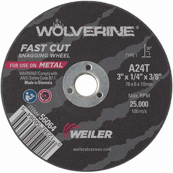 Weiler - 3 x 1/4, 3/8" Hole Aluminum Oxide Cutoff Wheel - USA Tool & Supply