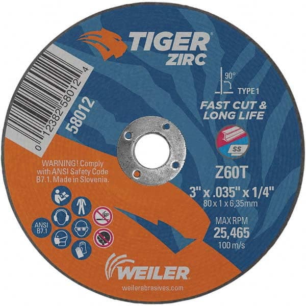 Weiler - 3 x 0.035, 1/4" Hole 60 Grit Zirconia Alumina Cutoff Wheel - USA Tool & Supply