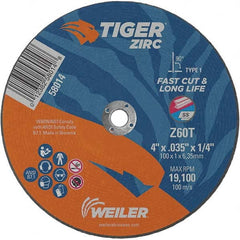 Weiler - 4 x 0.035, 1/4" Hole 60 Grit Zirconia Alumina Cutoff Wheel - USA Tool & Supply