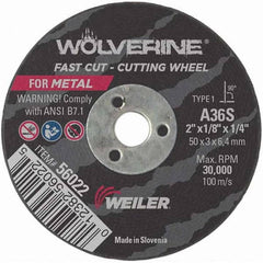 Weiler - 2 x 1/8, 1/4" Hole 36 Grit Aluminum Oxide Cutoff Wheel - USA Tool & Supply