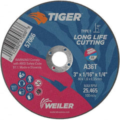 Weiler - 3 x 1/16, 1/4" Hole 36 Grit Aluminum Oxide Cutoff Wheel - USA Tool & Supply