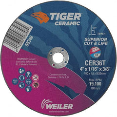 Weiler - 4 x 1/16, 3/8" Hole 36 Grit Ceramic Alumina Cutoff Wheel - USA Tool & Supply