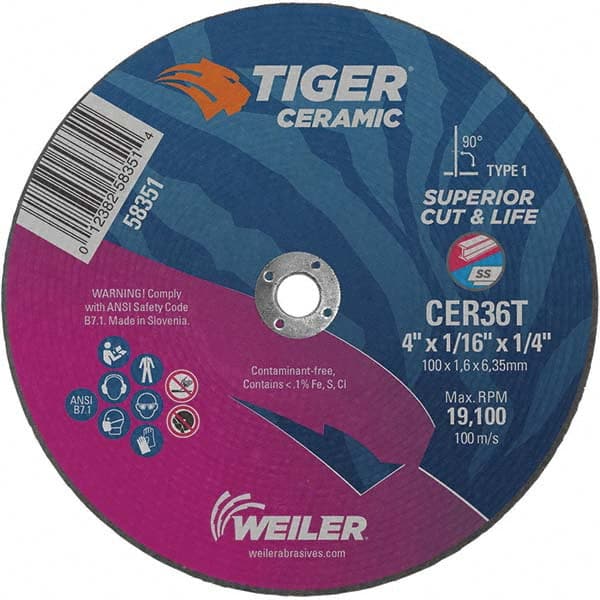 Weiler - 4 x 1/16, 1/4" Hole 36 Grit Ceramic Alumina Cutoff Wheel - USA Tool & Supply