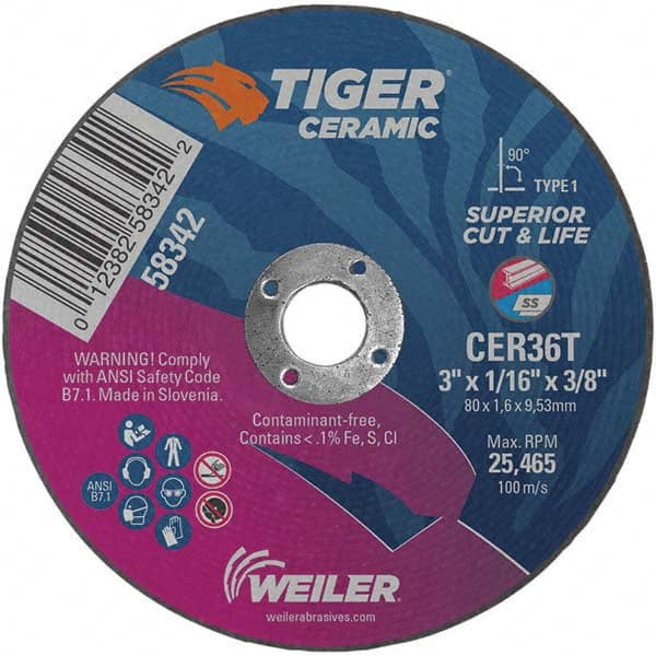 Weiler - 3 x 1/16, 3/8" Hole 36 Grit Ceramic Alumina Cutoff Wheel - USA Tool & Supply