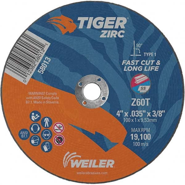 Weiler - 4 x 0.035, 3/8" Hole 60 Grit Zirconia Alumina Cutoff Wheel - USA Tool & Supply