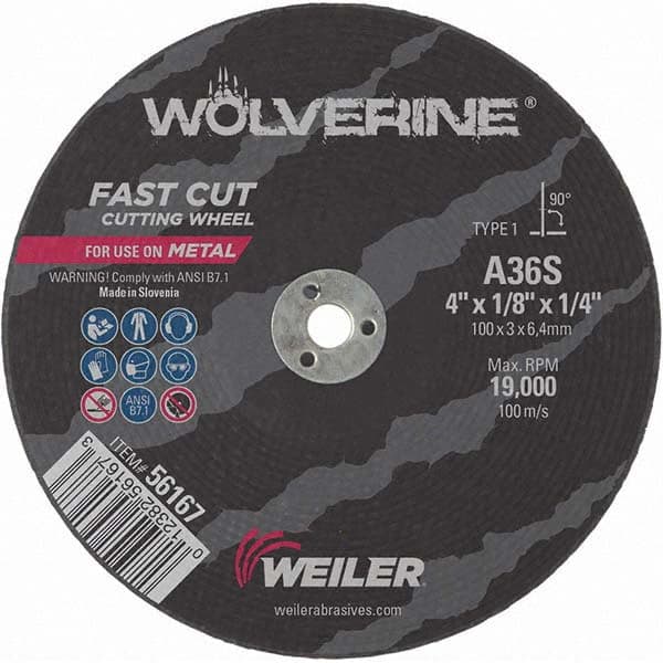 Weiler - 4 x 1/8, 1/4" Hole 36 Grit Aluminum Oxide Cutoff Wheel - USA Tool & Supply