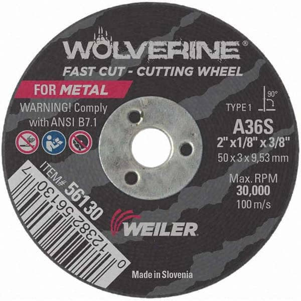 Weiler - 2 x 1/8, 3/8" Hole 36 Grit Aluminum Oxide Cutoff Wheel - USA Tool & Supply