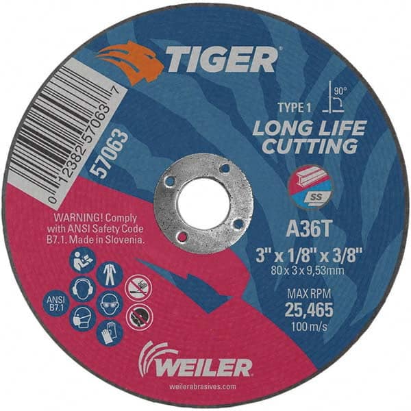 Weiler - 3 x 1/8, 3/8" Hole 36 Grit Aluminum Oxide Cutoff Wheel - USA Tool & Supply