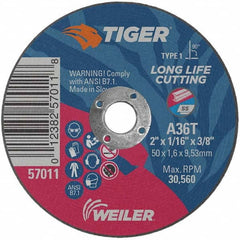 Weiler - 2 x 1/16, 3/8" Hole 36 Grit Aluminum Oxide Cutoff Wheel - USA Tool & Supply