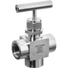 USA Sealing - Needle Valves; Type: Instrumentation Needle Valve ; Style: 3-Way; Angled Tee ; Pipe Size: 1/8 (Inch); End Connections: FNPT ; Material: Stainless Steel ; Material Grade: 316 - Exact Industrial Supply