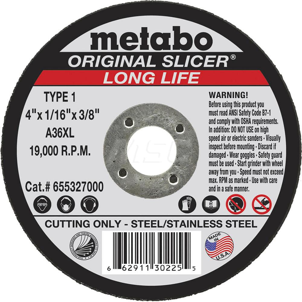 Cut-Off Wheel: Type 1, 4″ Dia, 3/8″ Hole, Aluminum Oxide 36 Grit, 19000 Max RPM