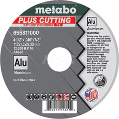 Cut-Off Wheel: Type 1, 4-1/2″ Dia, 7/8″ Hole, Aluminum 46 Grit, 13000 Max RPM