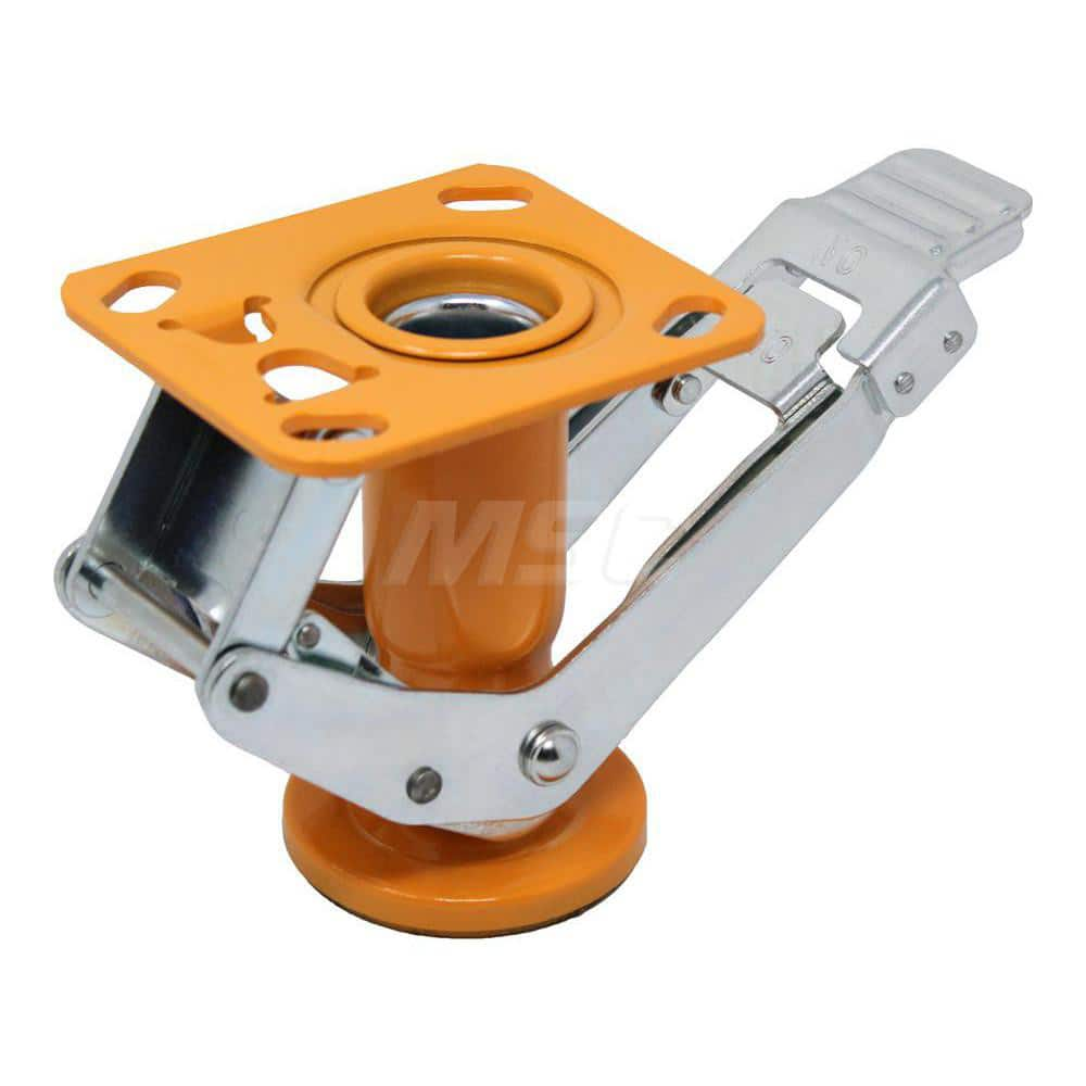 Floor Locks; Wheel Diameter: 6; Retracted Height: 6.25; Extended Height: 7.75; Top Plate Size: 4″ x  4 1/2″; Bolt Hole Spacing: 2-5/8″ x 3-5/8″ to 3″ x 3″; Attaching Bolt Size: 0.375; Top Plate Thickness: 0.25; Minimum Height: 6.2500; Maximum Height: 7.75