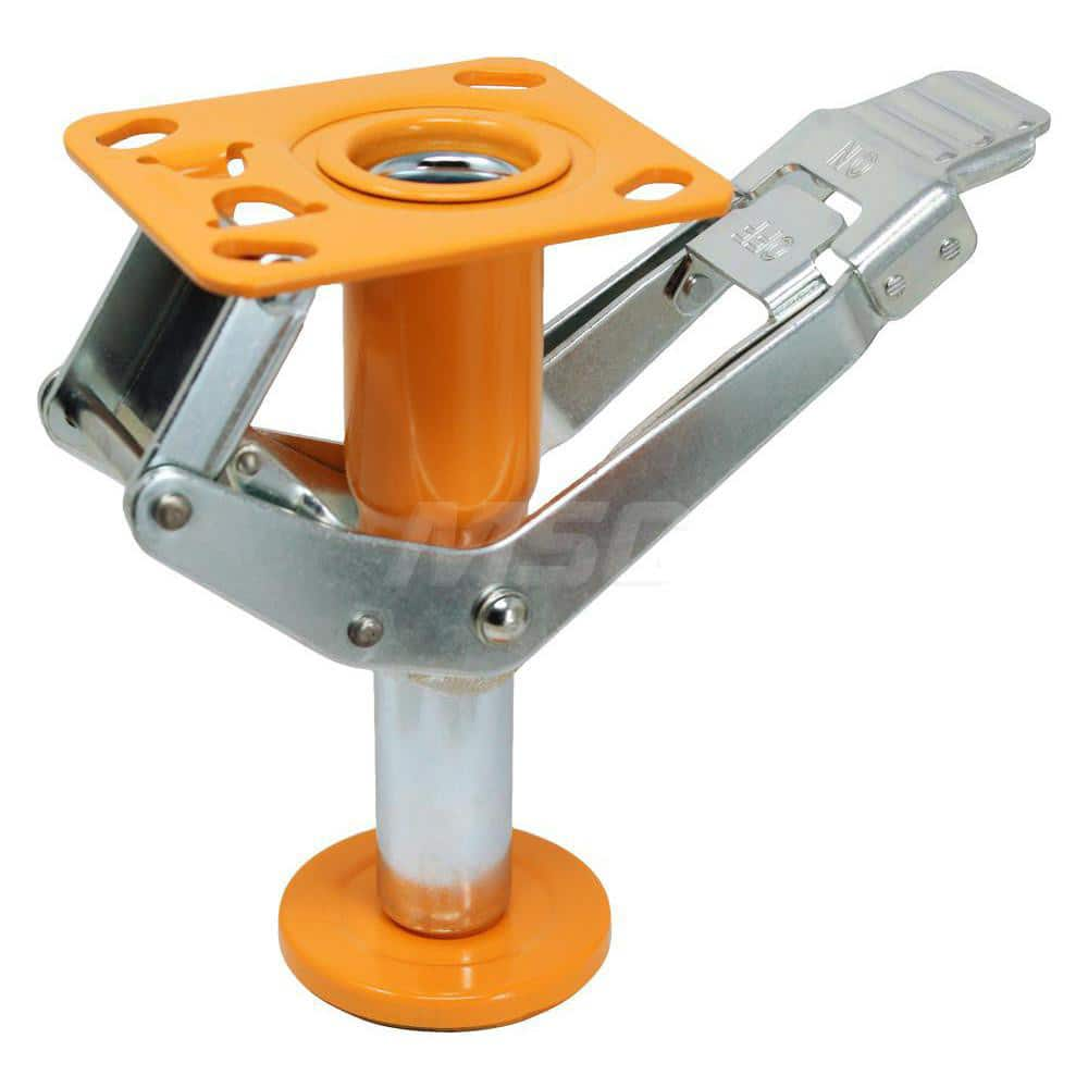 Floor Locks; Wheel Diameter: 8; Retracted Height: 7.875; Extended Height: 9.50; Top Plate Size: 4″ x  4 1/2″; Bolt Hole Spacing: 2-5/8″ x 3-5/8″ to 3″ x 3″; Attaching Bolt Size: 0.375; Top Plate Thickness: 0.25; Minimum Height: 7.8750; Maximum Height: 9.5