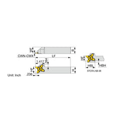 Indexable Grooving Toolholder:  STCR12-38,  0.1575″ Max Groove Width 0.3937″ Max Depth,  Uses 38 Inserts,  0.7500″ Shank Height,  3/4″ Shank Width,  No