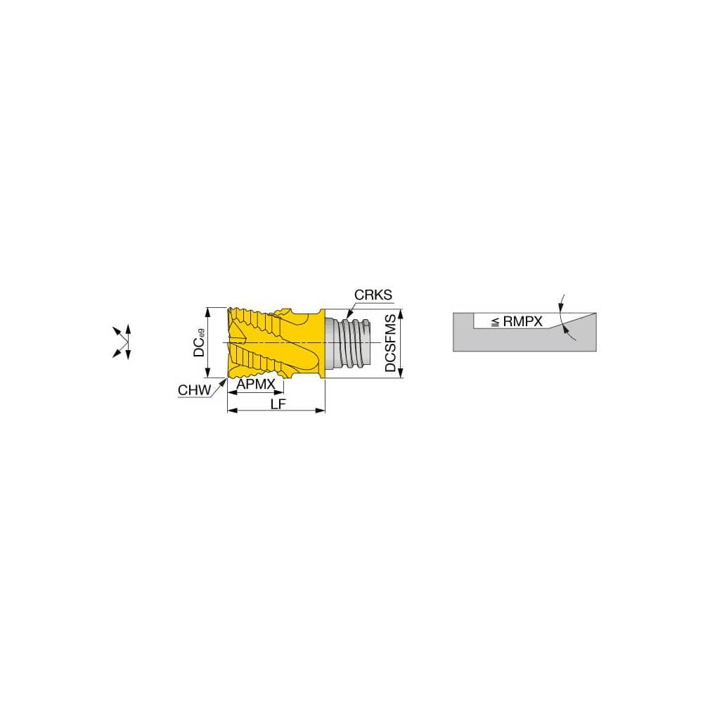 Corner Chamfer End Mill Head: 0.6299″ Dia, 45 °, 5 Flute S06, TiAlN Finish, Helical Flute, Series VEE