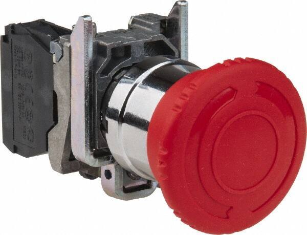 Schneider Electric - 22mm Mount Hole, Extended Mushroom Head, Pushbutton Switch Only - Round, Red Pushbutton, Illuminated, Maintained (MA), Shock and Vibration Resistant - USA Tool & Supply