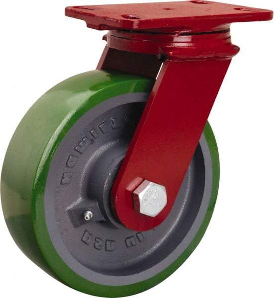 Hamilton - 8" Diam x 2-1/2" Wide x 10-1/8" OAH Top Plate Mount Swivel Caster - Polyurethane Mold onto Cast Iron Center, 2,000 Lb Capacity, Tapered Roller Bearing, 4-1/2 x 6-1/2" Plate - USA Tool & Supply
