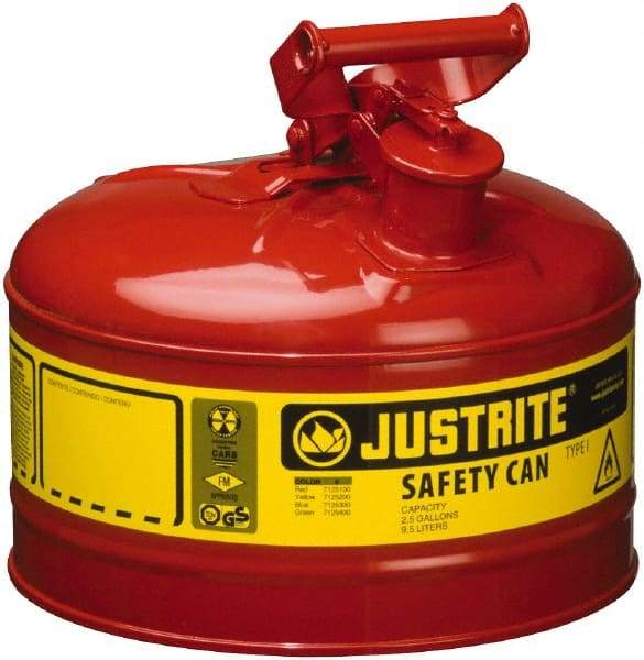 Justrite - 2.5 Gal Galvanized Steel Type I Safety Can - 11-1/2" High x 11-3/4" Diam, Red with Yellow - USA Tool & Supply