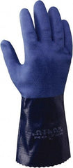 SHOWA - Size S (7), 12" Long, 15 mil Thick, Supported, Nitrile Chemical Resistant Gloves - Rough Finish, Knit Lined, Gauntlet Cuff, ANSI Abrasion Level 6, ANSI Cut Level 2, ANSI Puncture Level 3, Blue - USA Tool & Supply