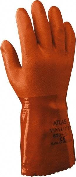 SHOWA - Size 2XL (11), 12" Long, 18 mil Thick, Supported, PVC Chemical Resistant Gloves - Rough Finish, Knit Lined, Gauntlet Cuff, ANSI Abrasion Level 4, ANSI Cut Level 1, ANSI Puncture Level 1, Orange - USA Tool & Supply