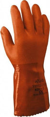 SHOWA - Size 2XL (11), 12" Long, 18 mil Thick, Supported, PVC Chemical Resistant Gloves - Rough Finish, Knit Lined, Gauntlet Cuff, ANSI Abrasion Level 4, ANSI Cut Level 1, ANSI Puncture Level 1, Orange - USA Tool & Supply