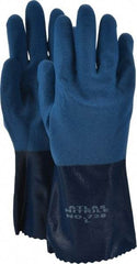 SHOWA - Size L (9), 12" Long, 15 mil Thick, Supported, Nitrile Chemical Resistant Gloves - Rough Finish, Knit Lined, Gauntlet Cuff, ANSI Abrasion Level 6, ANSI Cut Level 2, ANSI Puncture Level 3, Blue - USA Tool & Supply