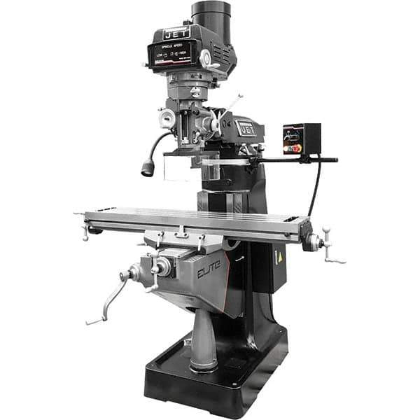 Jet - 9" Table Width x 49" Table Length, Variable Speed Pulley Control, 3 Phase Knee Milling Machine - R8 Spindle Taper, 3 hp - USA Tool & Supply