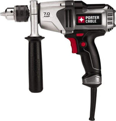 Porter-Cable - 1/2" Keyed Chuck, 800 RPM, Pistol Grip Handle Electric Drill - 7 Amps, 120 Volts, Reversible, Includes Side Handle & Chuck Key with Holder - USA Tool & Supply