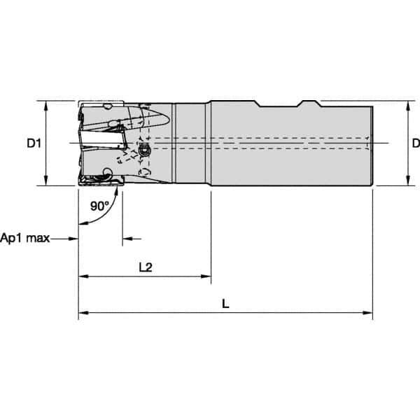 Kennametal - 1" Cut Diam, 15.5mm Max Depth of Cut, 3/4" Shank Diam, 96.01mm OAL, Indexable Square Shoulder End Mill - LNGU15T608SRGE Inserts, Weldon Shank, 0° Lead Angle, Through Coolant, Series MILL 4-15 - USA Tool & Supply