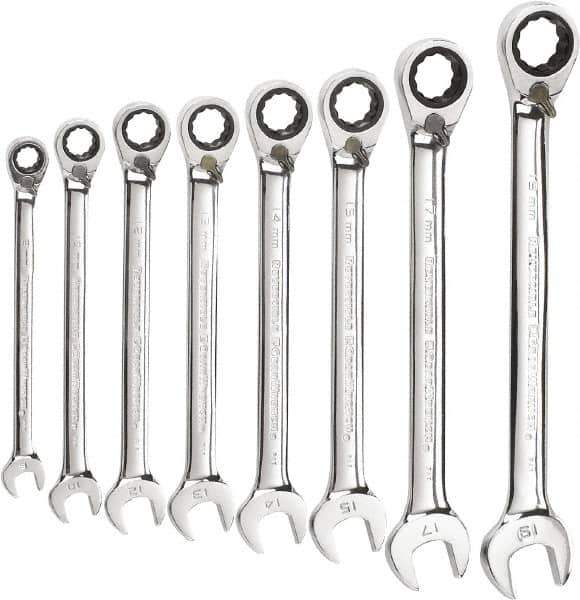 GearWrench - 8 Piece, 8mm to 19mm, 12 Point Reversible Ratcheting Combination Wrench Set - Metric Measurement Standard, Chrome Finish - USA Tool & Supply