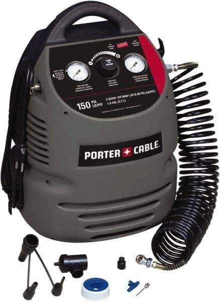 Porter-Cable - 0.8 hp, 2 CFM at 90 psi Hand Carry Compressor - 1.5 Gallon Tank, 10 Amp, 150 Max psi, 120V - USA Tool & Supply