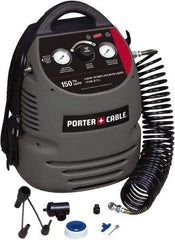 Porter-Cable - 0.8 hp, 2 CFM at 90 psi Hand Carry Compressor - 1.5 Gallon Tank, 10 Amp, 150 Max psi, 120V - USA Tool & Supply