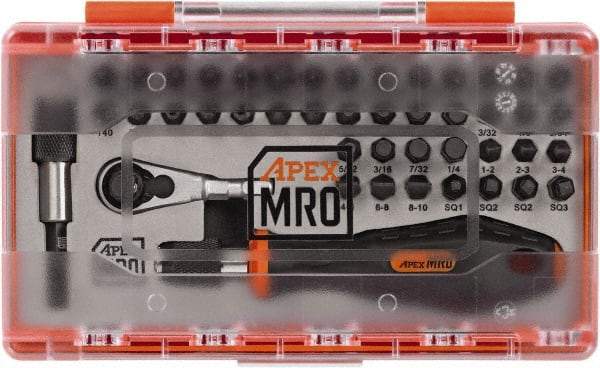 Apex - 45 Piece, 1/4" Drive Screwdriver Mini-Ratchet Bit Kit - PH1, PH2, PH3 & PH4 Phillips, 3/32 to 1/4" Hex, 2 to 6mm Hex, T15, T20, T25, T27, T30 & T40 Torx, PZ1 & PZ2 Pozidriv, SQ1, SQ2 & SQ3 Square Recess, #0 to 1/4 Slotted - USA Tool & Supply