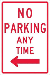 NMC - "No Parking Anytime", "Left Arrow", 12" Wide x 18" High, Aluminum No Parking & Tow Away Signs - 0.063" Thick, Red on White, Rectangle, Post Mount - USA Tool & Supply