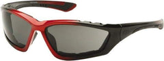 PYRAMEX - Gray Lenses, Framed Safety Glasses - Anti-Fog, Scratch Resistant, Black/Red Nylon Frame, Size Universal, Wrap Around - USA Tool & Supply