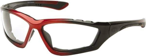 PYRAMEX - Clear Lenses, Framed Safety Glasses - Anti-Fog, Scratch Resistant, Black/Red Nylon Frame, Size Universal, Wrap Around - USA Tool & Supply