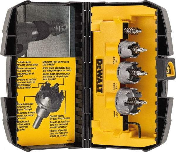 DeWALT - 5 Piece, 7/8" to 1-3/8" Saw Diam, Hole Saw Kit - Carbide-Tipped, Toothed Edge, Includes 3 Hole Saws - USA Tool & Supply