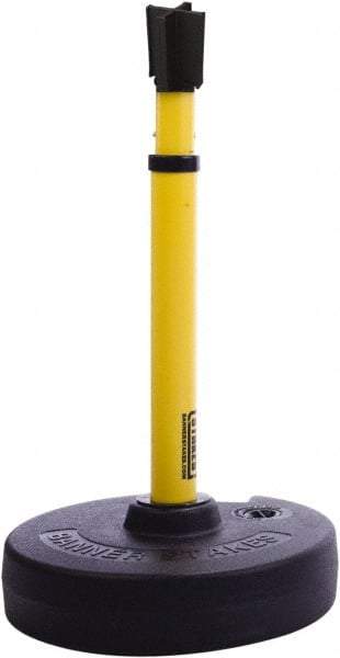 Banner Stakes - 22 to 42" High, 2-3/8" Pole Diam, Barrier Post Base, Stanchion & Receiver Head - 9" Base Diam, Round Nylon Base, Yellow Plastic Post, 15' x 2-1/2" Tape, For Outdoor Use - USA Tool & Supply