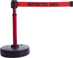 Banner Stakes - 22 to 42" High, 2-3/8" Pole Diam, Barrier Post Base & Stanchion - 9" Base Diam, Round Nylon Base, Red Plastic Post, 15' x 2-1/2" Tape, For Outdoor Use - USA Tool & Supply