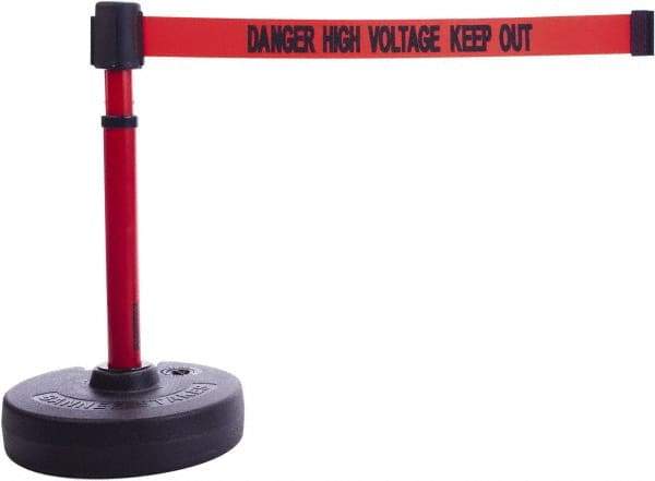 Banner Stakes - 22 to 42" High, 2-3/8" Pole Diam, Barrier Post Base & Stanchion - 9" Base Diam, Round Nylon Base, Red Plastic Post, 15' x 2-1/2" Tape, For Outdoor Use - USA Tool & Supply