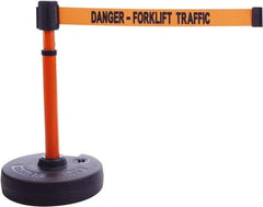 Banner Stakes - 22 to 42" High, 2-3/8" Pole Diam, Barrier Post Base & Stanchion - 9" Base Diam, Round Nylon Base, Orange Plastic Post, 15' x 2-1/2" Tape, For Outdoor Use - USA Tool & Supply