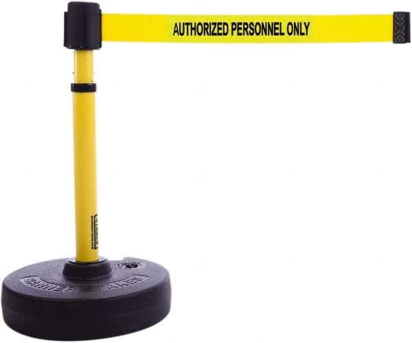 Banner Stakes - 22 to 42" High, 2-3/8" Pole Diam, Barrier Post Base & Stanchion - 9" Base Diam, Round Nylon Base, Yellow Plastic Post, 15' x 2-1/2" Tape, For Outdoor Use - USA Tool & Supply