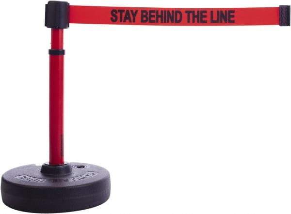 Banner Stakes - 22 to 42" High, 2-3/8" Pole Diam, Barrier Post Base & Stanchion - 9" Base Diam, Round Nylon Base, Red Plastic Post, 15' x 2-1/2" Tape, For Outdoor Use - USA Tool & Supply