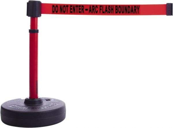 Banner Stakes - 22 to 42" High, 2-3/8" Pole Diam, Barrier Post Base & Stanchion - 9" Base Diam, Round Nylon Base, Red Plastic Post, 15' x 2-1/2" Tape, For Outdoor Use - USA Tool & Supply